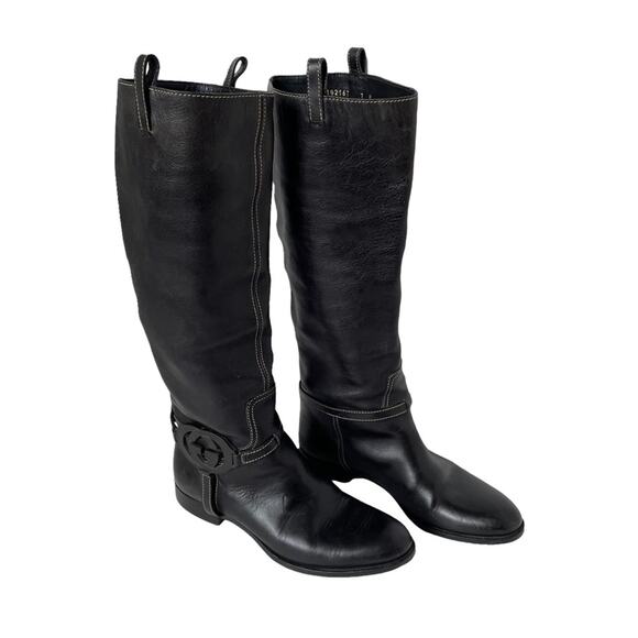 Gucci Interlocking G Logo Tall Riding Boots Knee Leather Black 7 GUC - Picture 7 of 16